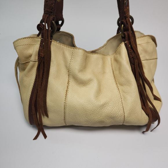 Lucky Brand Leather Purse Double Handle Brown Yellow Tote Hobo Boho Shoulder Bag - Picture 3 of 16